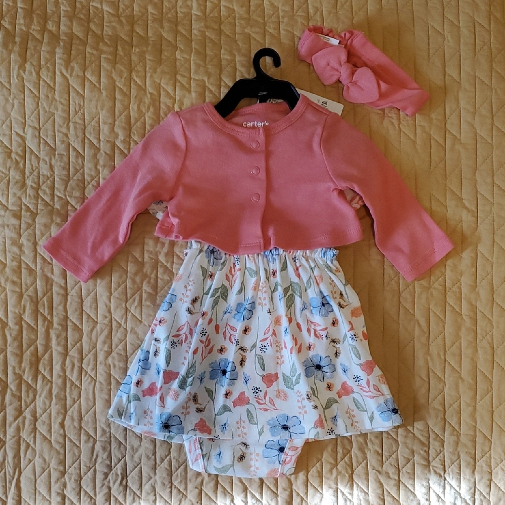Carter's Pink Cardigan and Floral Dress Ensemble